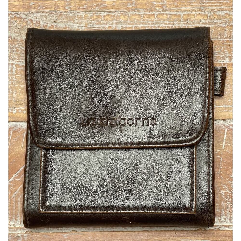 VTG Liz Claiborne Logo Brown Leather Snap Tri-Fold Wallet ID Credit Card Coin